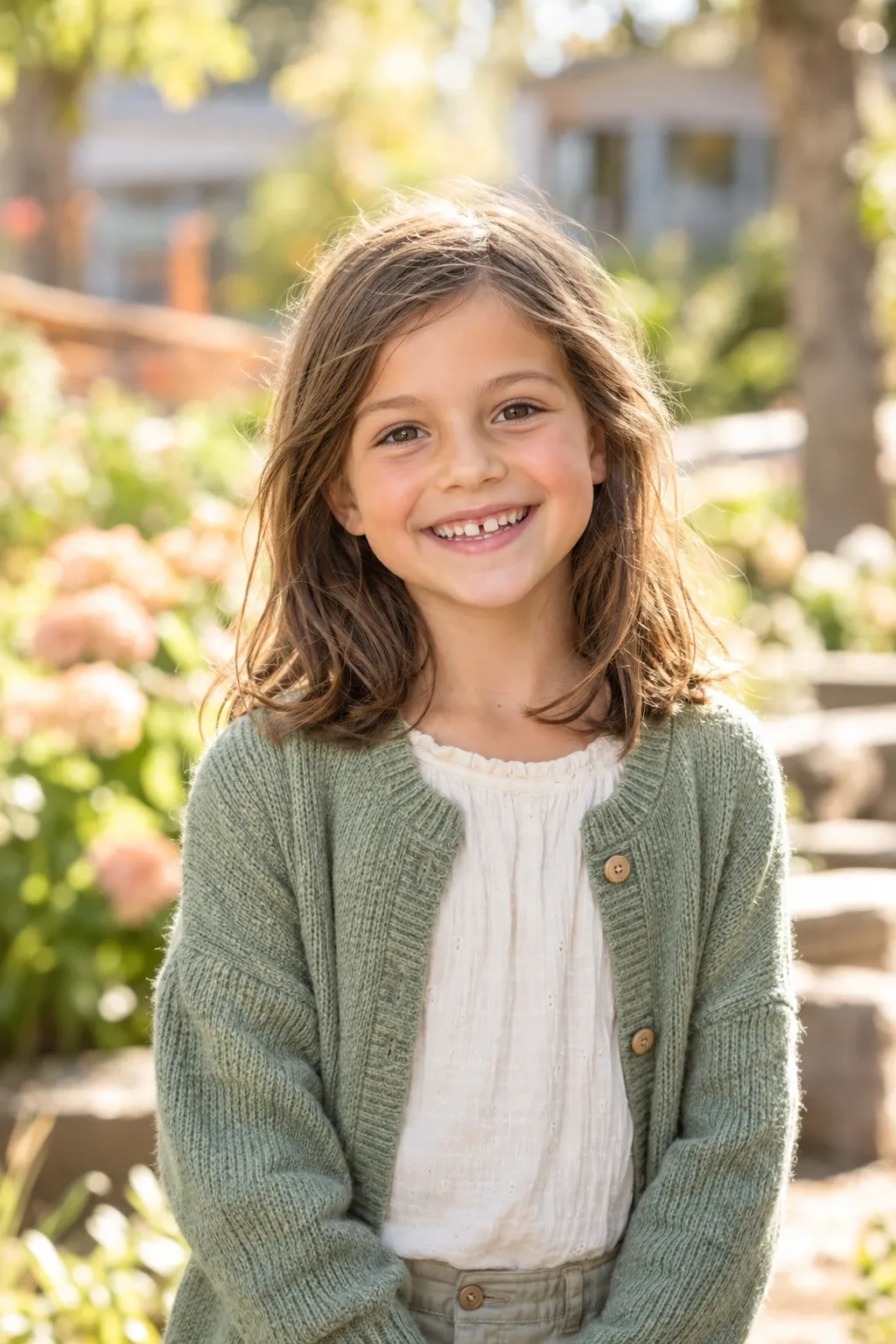 Natuurlijk schoolportret van een lachend meisje in de tuin