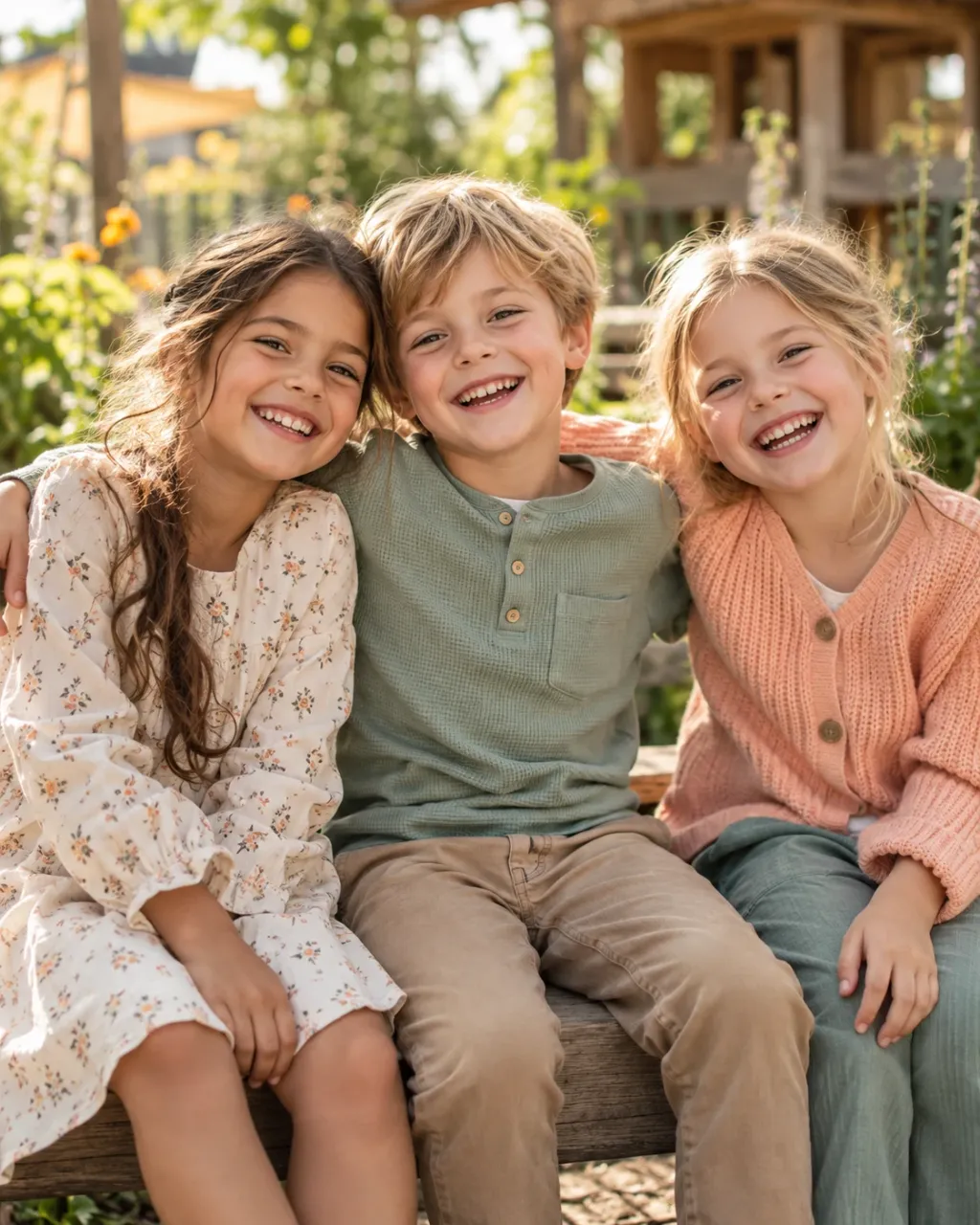 Drie vrienden lachen samen op een tuinbank