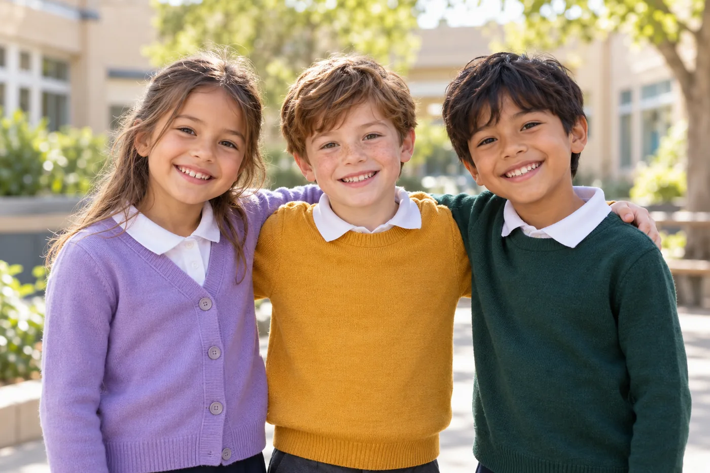 Drie kinderen lachen samen op een zonnig schoolplein
