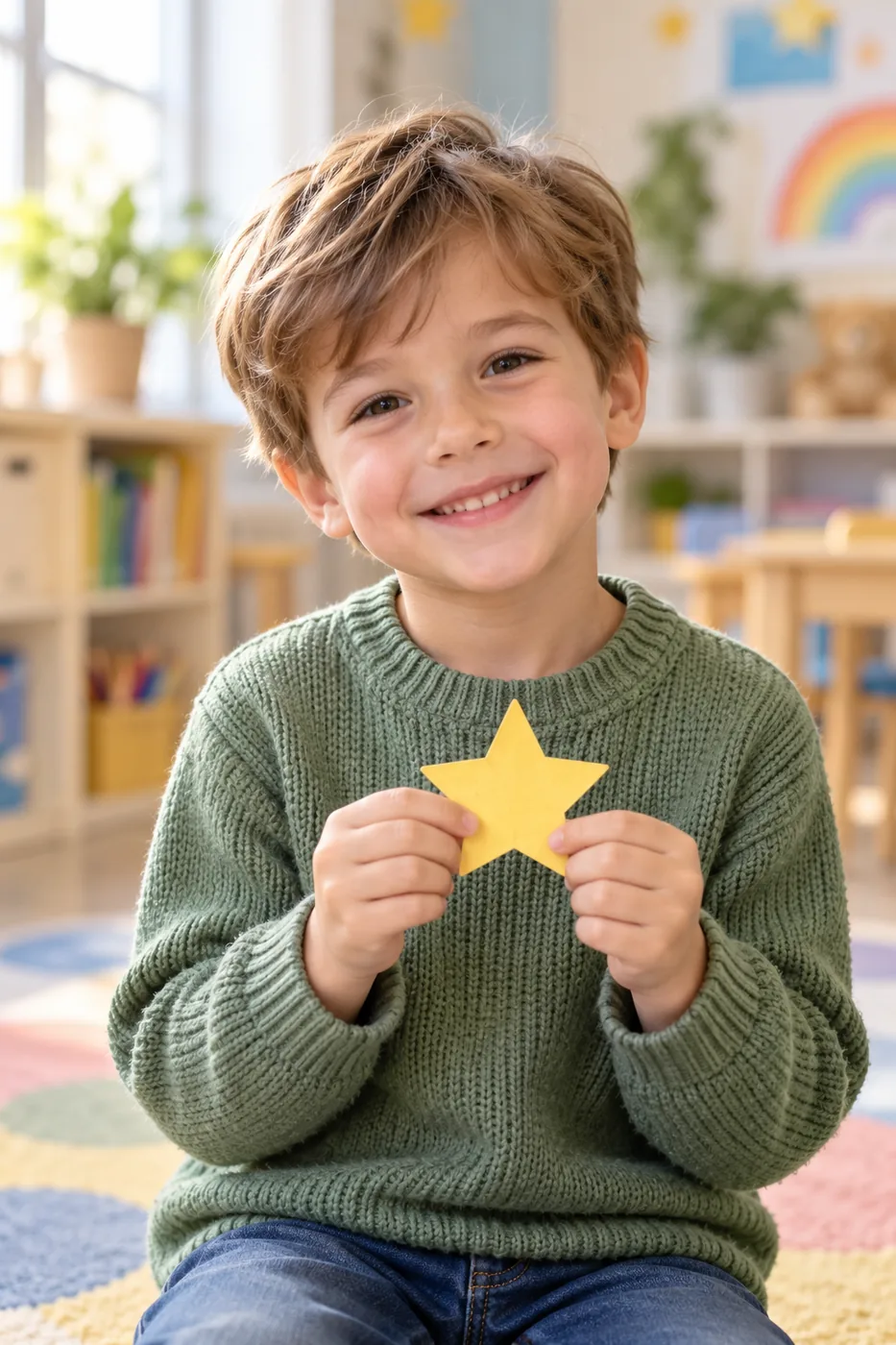 Een lachend peuterkind houdt een gele papieren ster vast