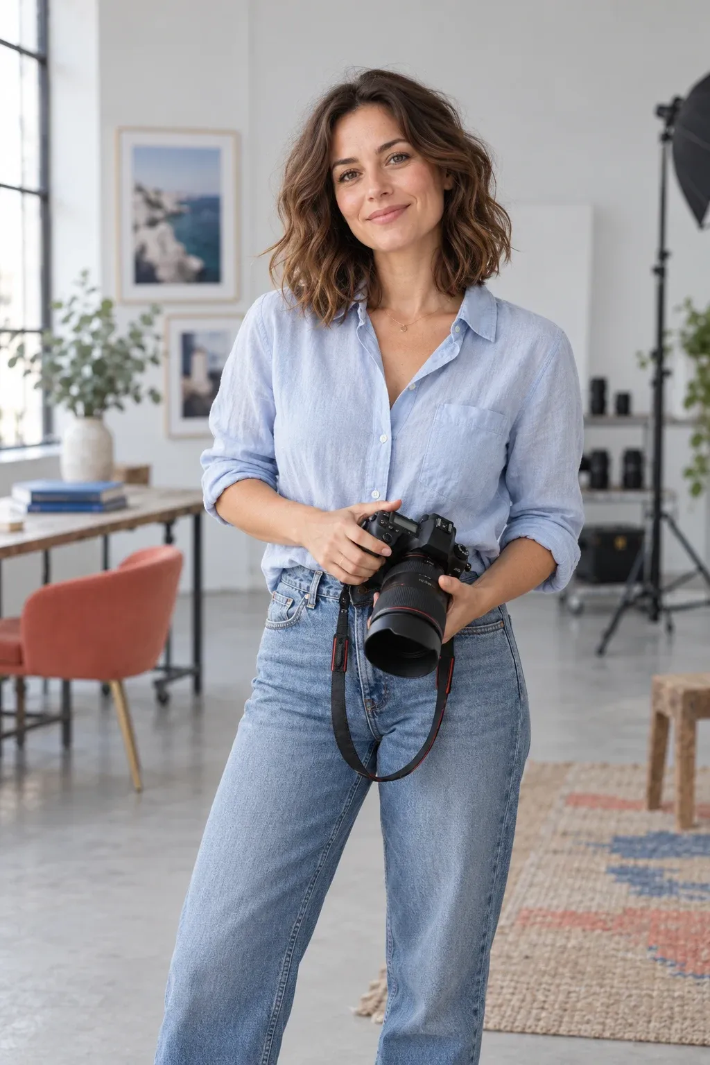 Fotografe met camera in een lichte studio