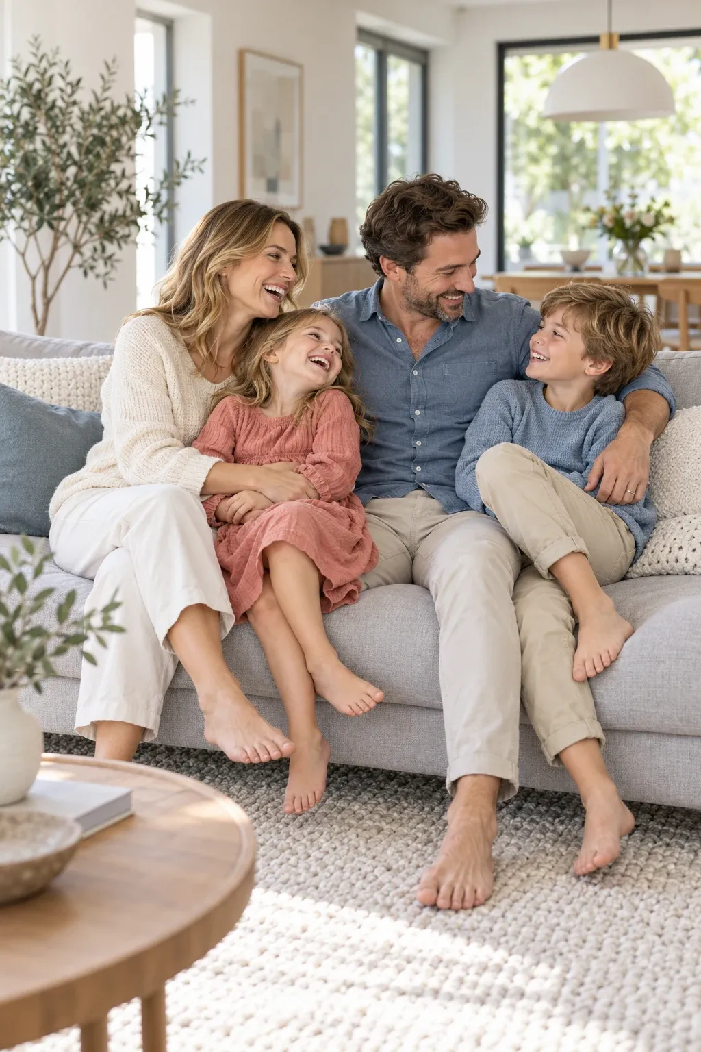 Een gezin lacht samen op een lichte bank