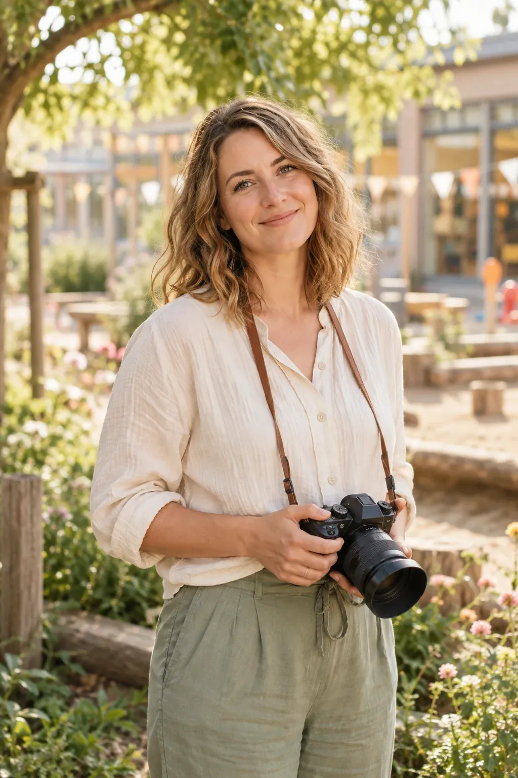Fotografe met haar camera in het groen