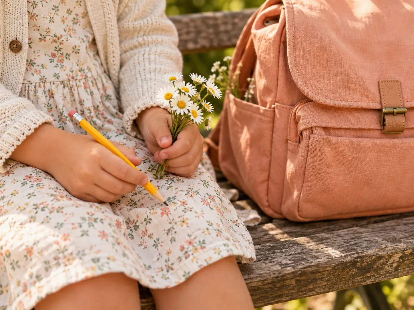 Kinderhandjes met madeliefjes naast een schooltas