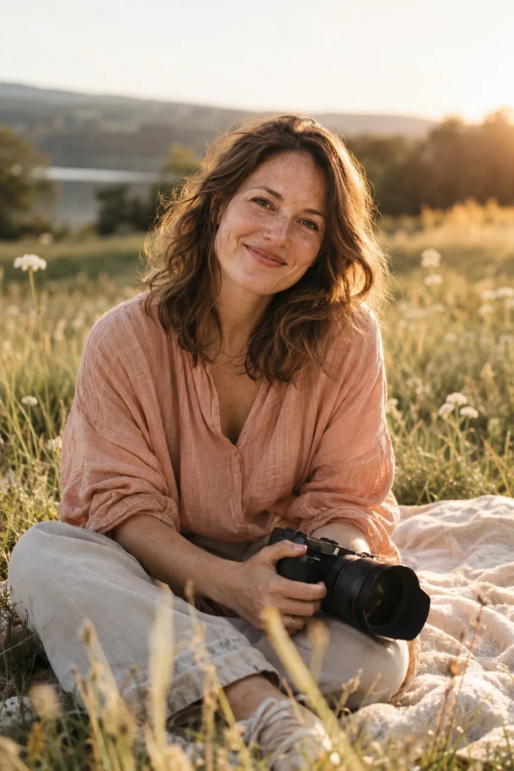 Fotografe met camera in een zomerweide