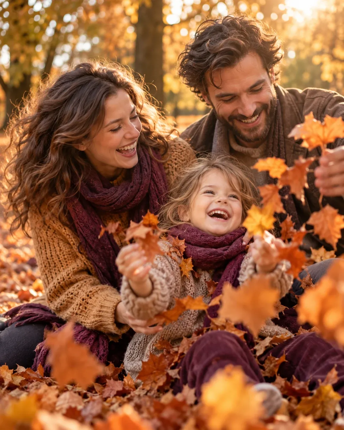 Gezin speelt met kleurrijke herfstbladeren