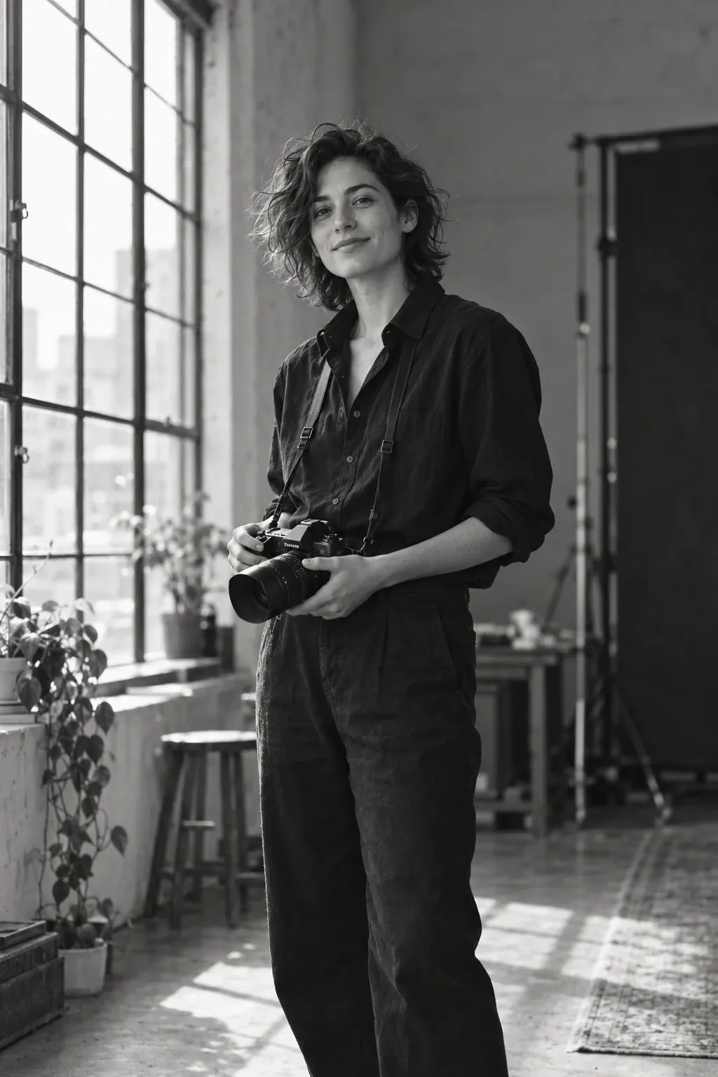 Fotografe met camera bij het atelierraam