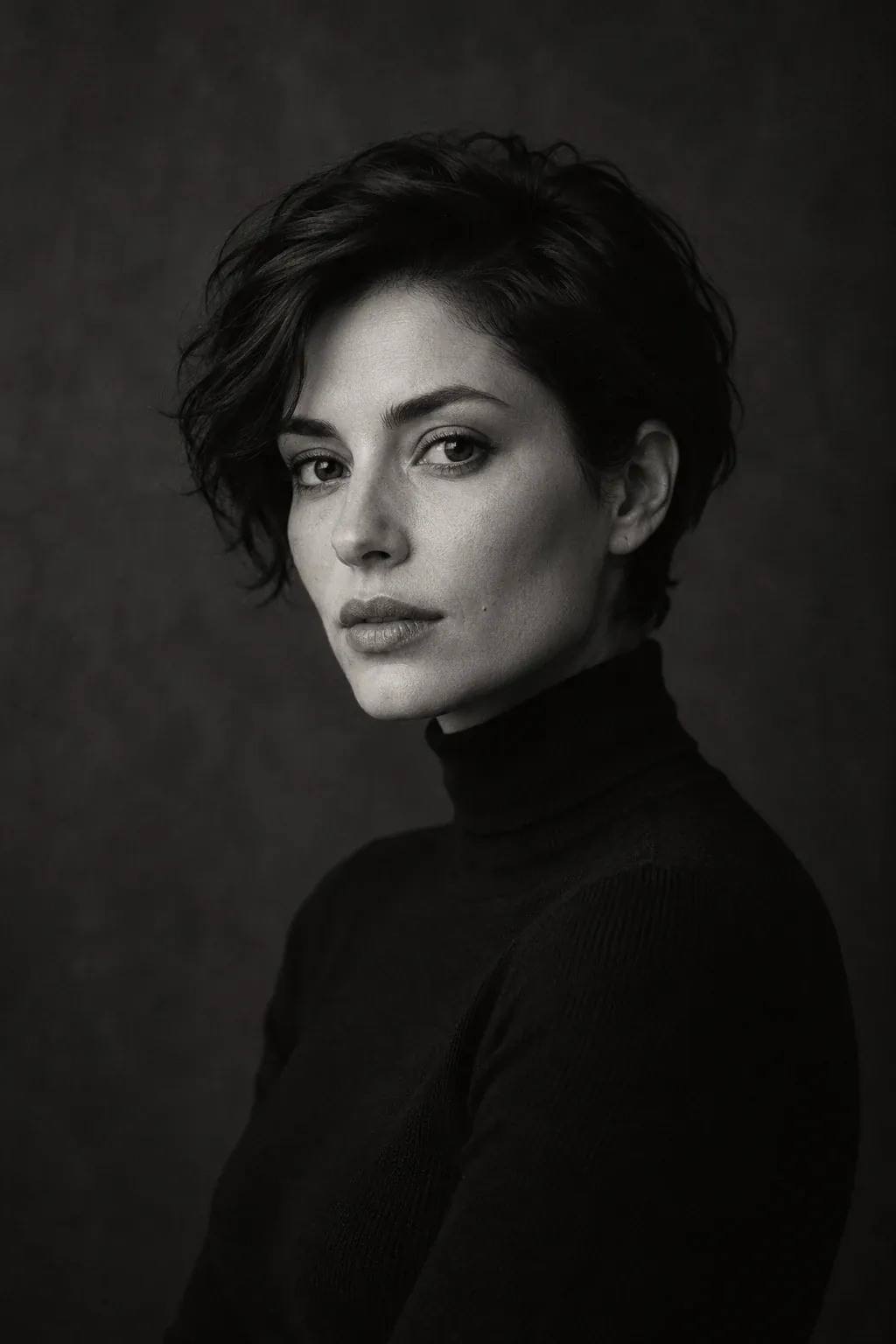 Zwart-witportret van een vrouw in een donkere coltrui