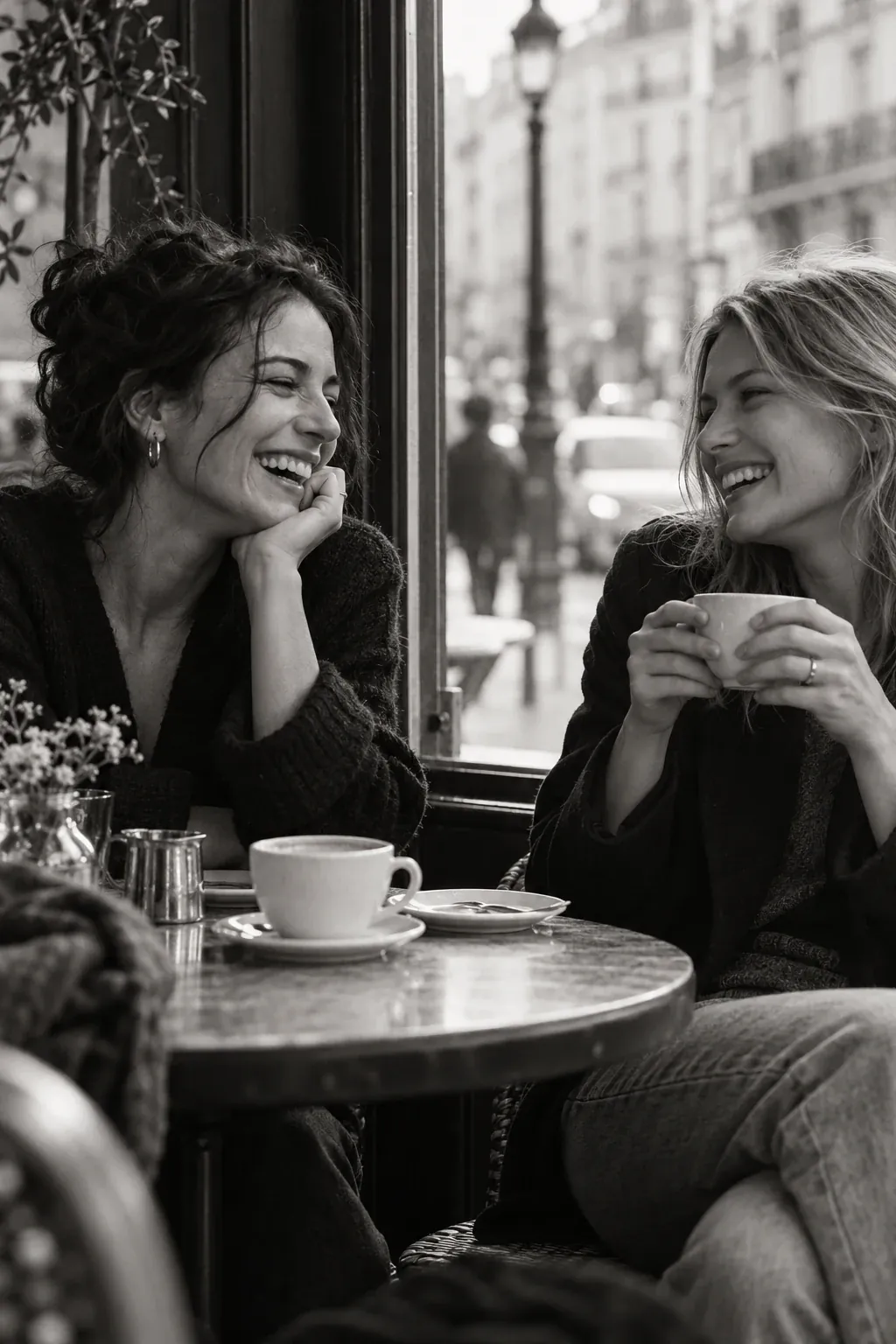 Twee vriendinnen lachen samen in een café