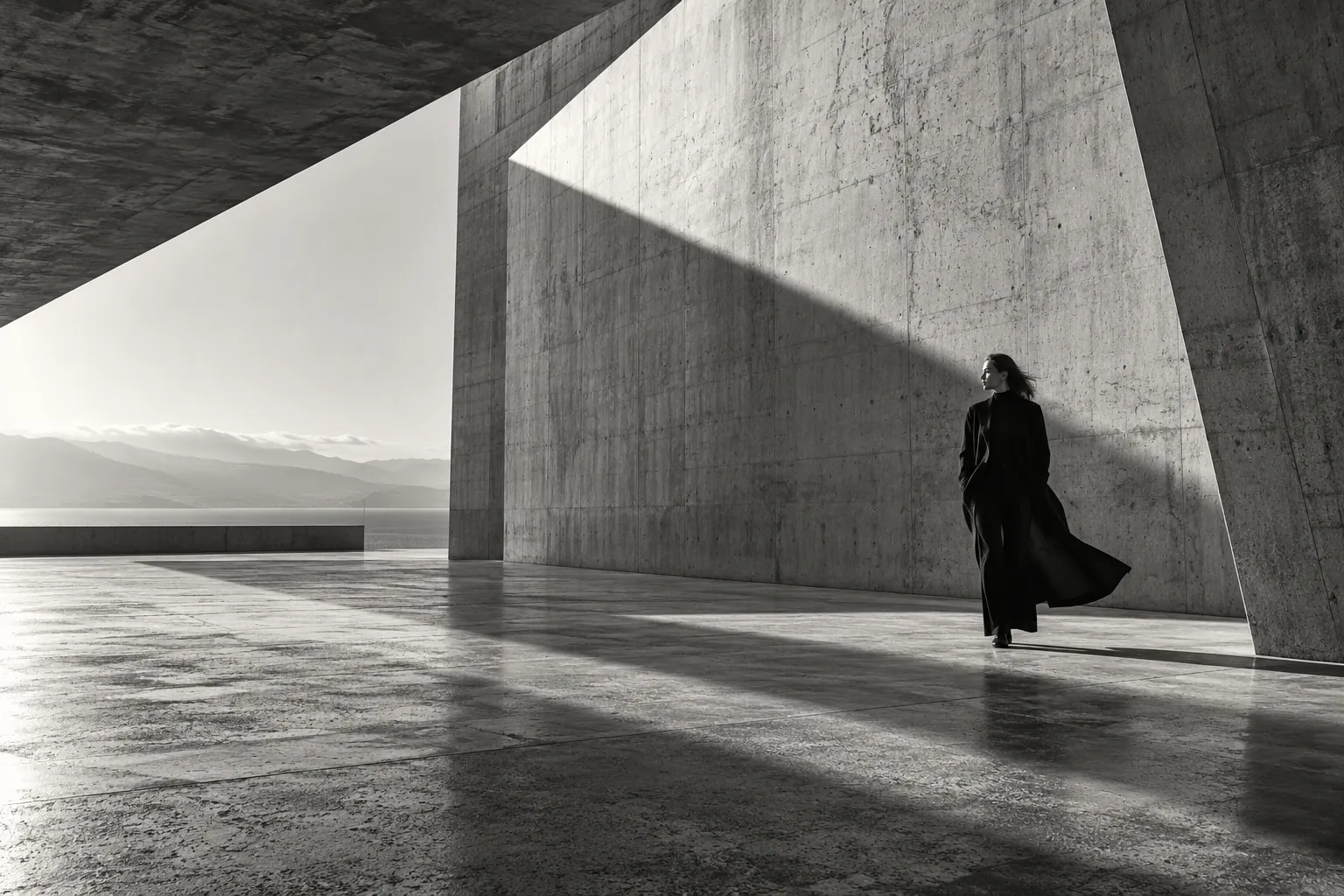 Een vrouw in monumentale architectuur met dramatisch licht en schaduw