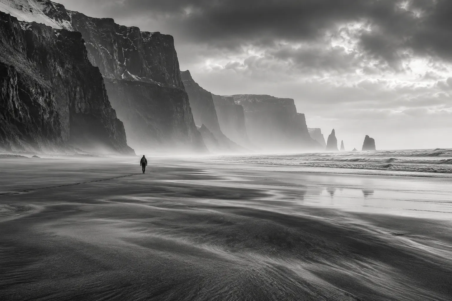 Een eenzame figuur op een uitgestrekt strand onder kliffen