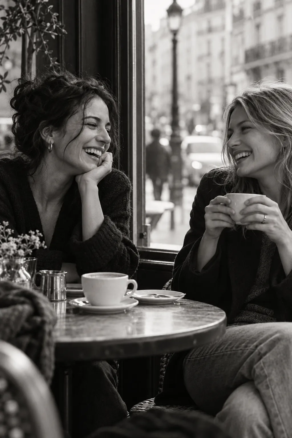 Twee vriendinnen lachen samen aan een cafétafel