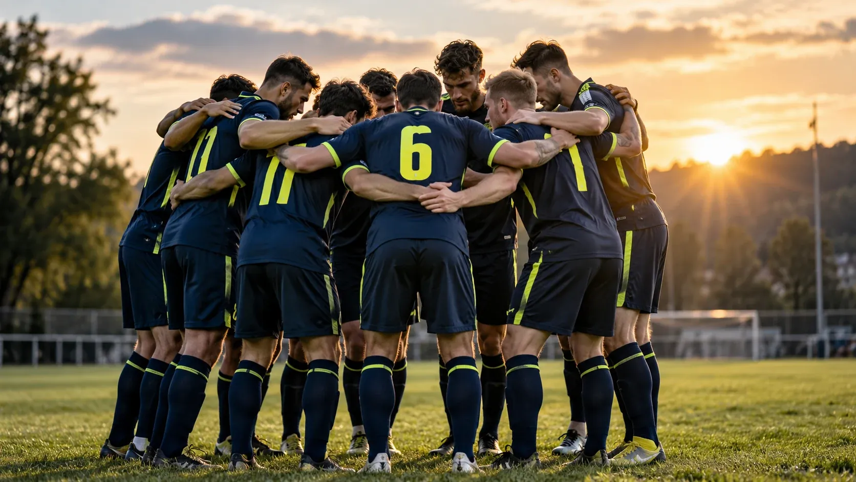Voetbalteam in een kring voor de wedstrijd
