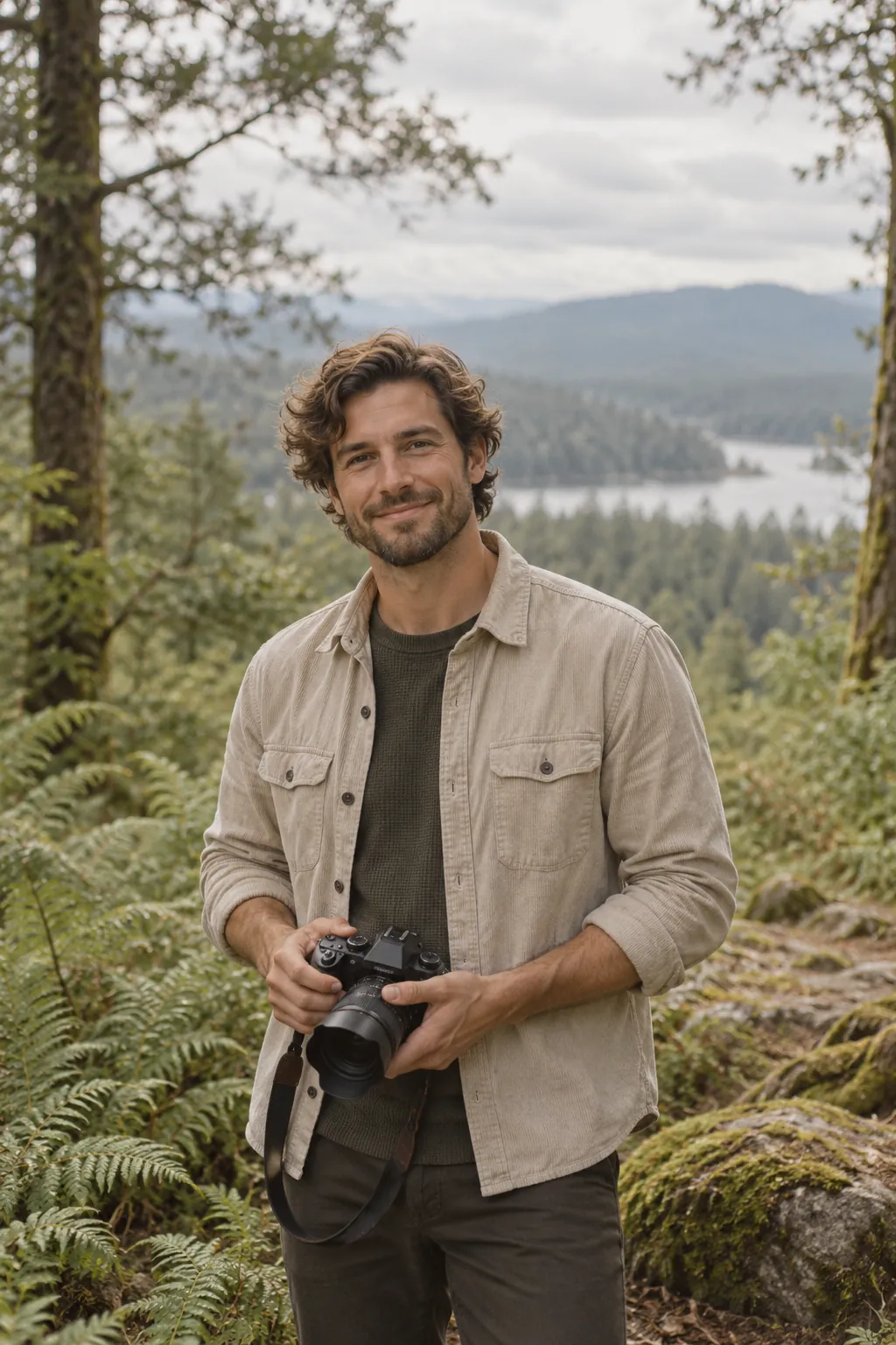 Alex, de fotograaf, met een camera op een open plek in het bos