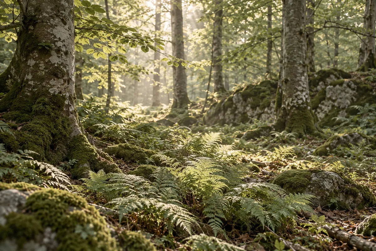 Zacht daglicht valt over varens en bomen