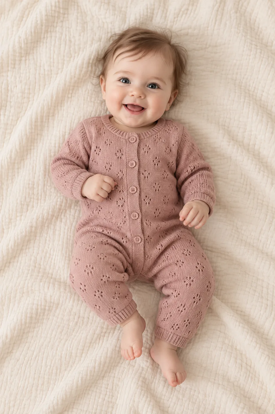 Een lachende baby op een crèmekleurig speelkleed